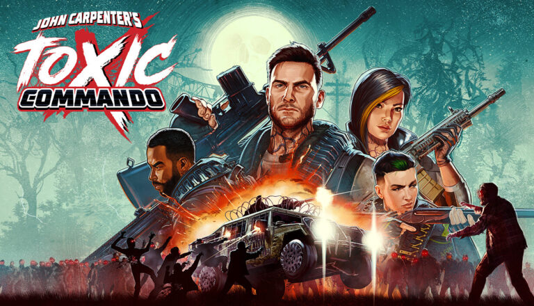 concept art for John Carpenter's Toxic Commando featuring main characters and combat scene